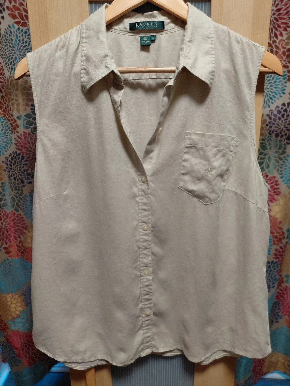 Ralph Lauren Sleeveless Linen Button-Front Shell Beige - Picture 7 of 7